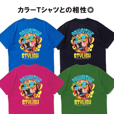 DTFプリントはカラーTシャツとの相性抜群｜青・黒・ピンク・緑の4色に同デザインを印刷