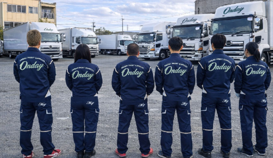 オリジナルプリントのロゴ入り作業着を着用するスタッフが並ぶ様子