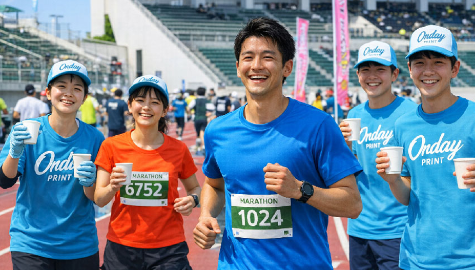 マラソン大会でオリジナルプリントTシャツを着用するランナーたち