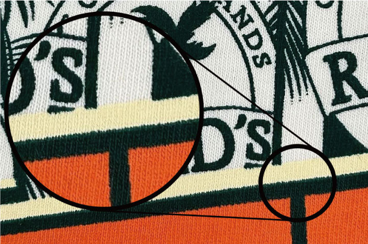 シルクスクリーン多色刷りTシャツの印刷精度を拡大した比較図。オレンジ・クリーム・グリーンの多色デザインが生地に重ねて刷られた箇所を丸く拡大し、色の境界線の鮮明さを示している